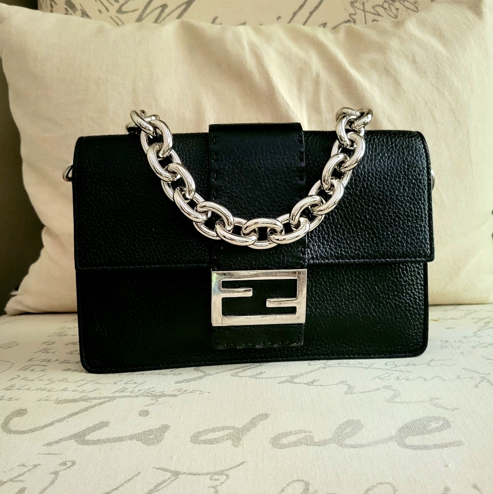 Fendi FF Zucca Black Grain Leather Clutch Handbag Mama Baguette